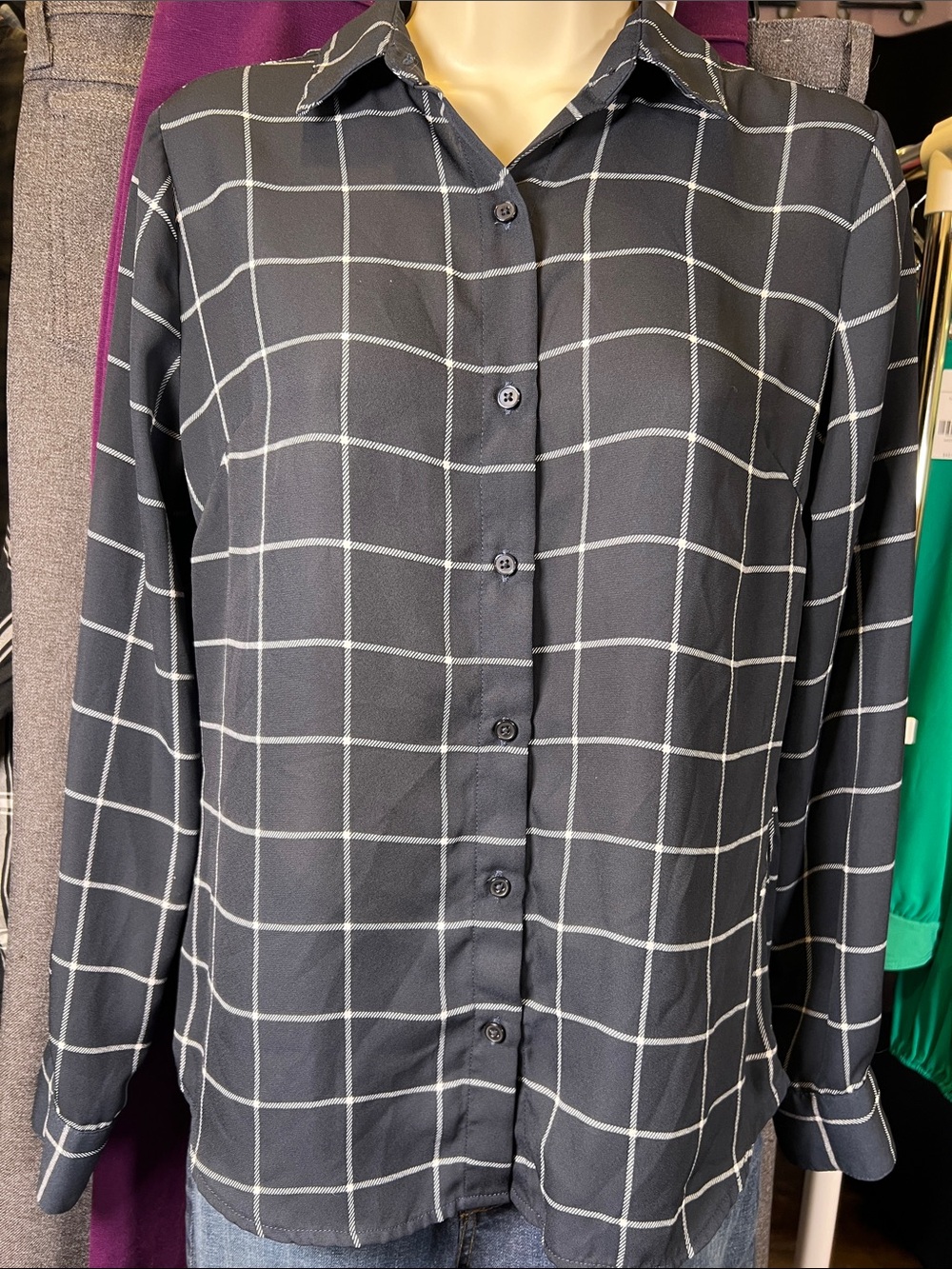 Banana Republic Black Grid-Check Button Front Blouse